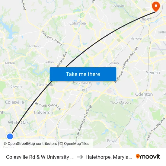 Colesville Rd & W University Bv to Halethorpe, Maryland map