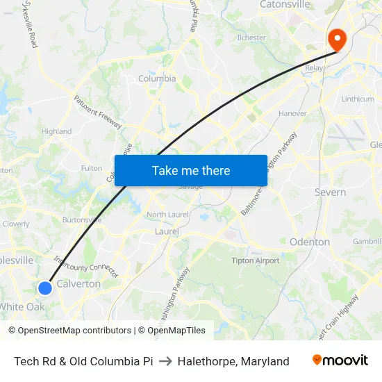 Tech Rd & Old Columbia Pi to Halethorpe, Maryland map