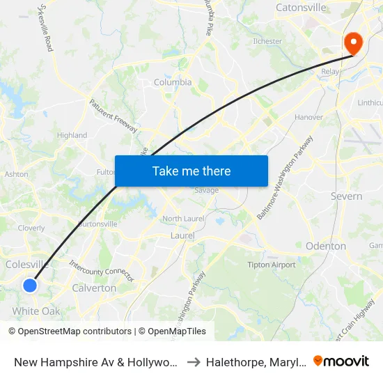 New Hampshire Av & Hollywood Av to Halethorpe, Maryland map