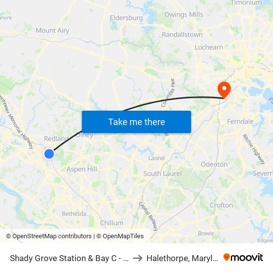 Shady Grove Station & Bay C - East to Halethorpe, Maryland map