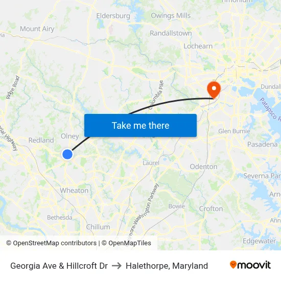 Georgia Ave & Hillcroft Dr to Halethorpe, Maryland map