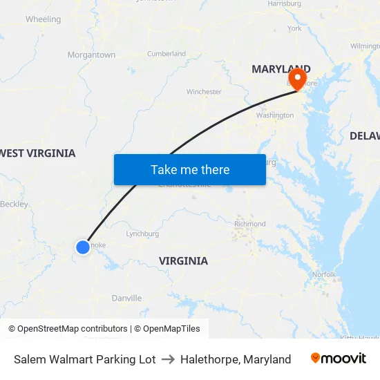 Salem Walmart Parking Lot to Halethorpe, Maryland map
