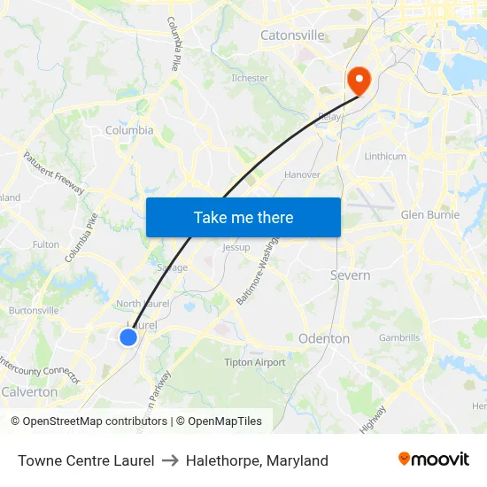 Towne Centre Laurel to Halethorpe, Maryland map