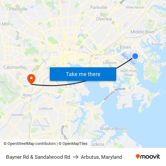 Bayner Rd & Sandalwood Rd to Arbutus, Maryland map