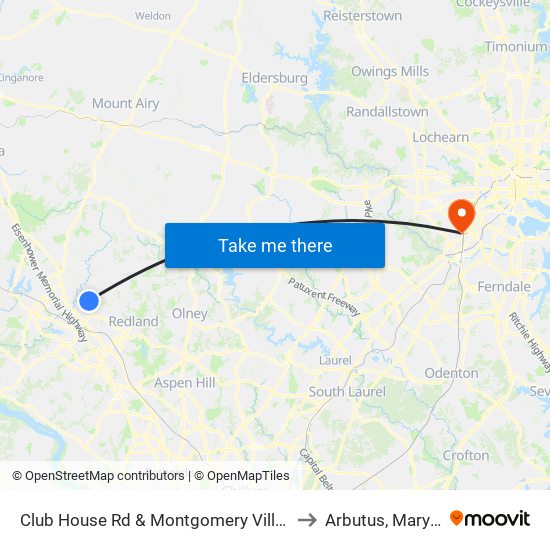 Club House Rd & Montgomery Village Ave to Arbutus, Maryland map