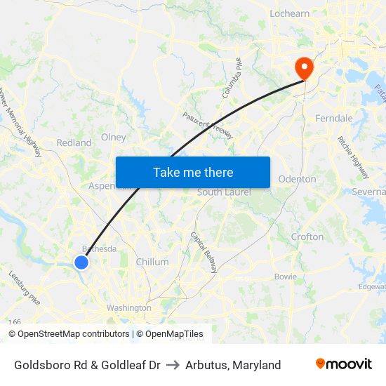 Goldsboro Rd & Goldleaf Dr to Arbutus, Maryland map