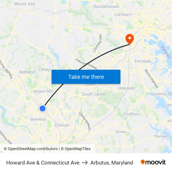 Howard Ave & Connecticut Ave to Arbutus, Maryland map