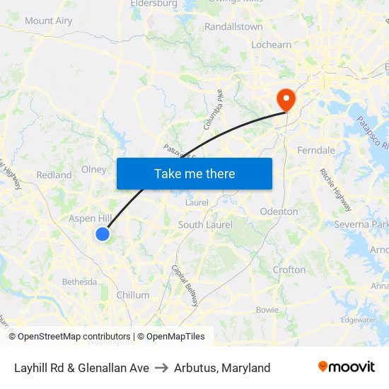 Layhill Rd & Glenallan Ave to Arbutus, Maryland map