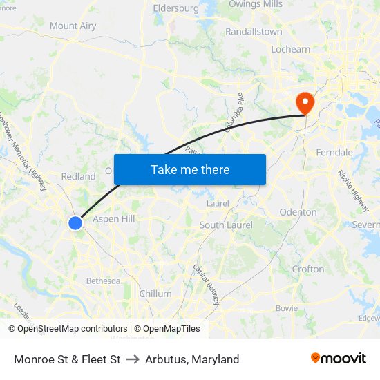 Monroe St & Fleet St to Arbutus, Maryland map