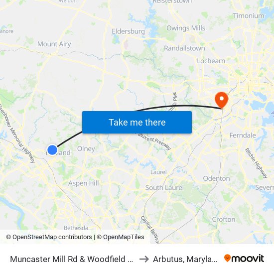 Muncaster Mill Rd & Woodfield Rd to Arbutus, Maryland map