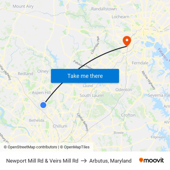 Newport Mill Rd & Veirs Mill Rd to Arbutus, Maryland map