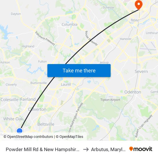 Powder Mill Rd & New Hampshire Ave to Arbutus, Maryland map