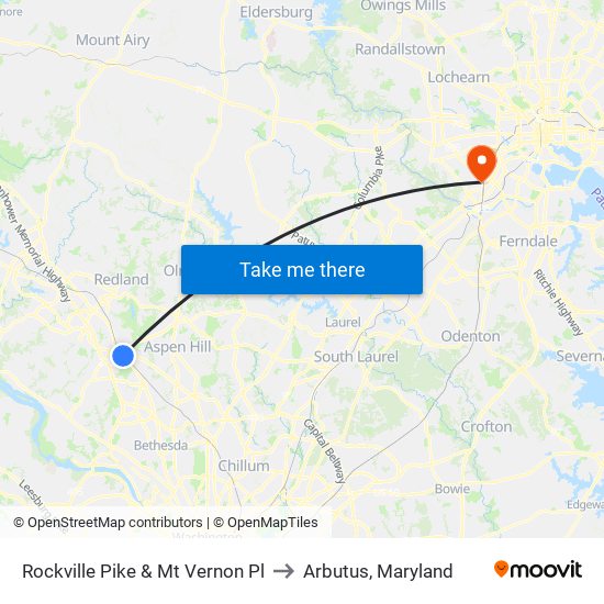 Rockville Pike & Mt Vernon Pl to Arbutus, Maryland map