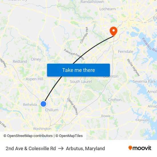 2nd Ave & Colesville Rd to Arbutus, Maryland map