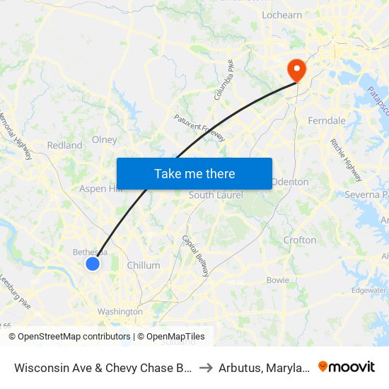 Wisconsin Ave & Chevy Chase Blvd to Arbutus, Maryland map