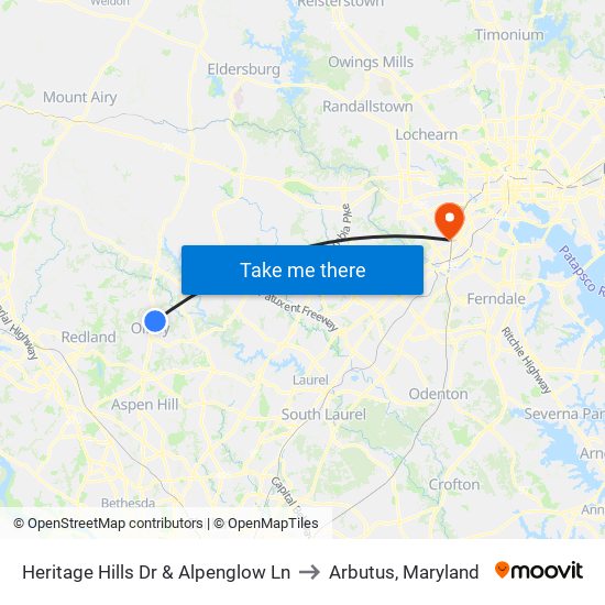 Heritage Hills Dr & Alpenglow Ln to Arbutus, Maryland map