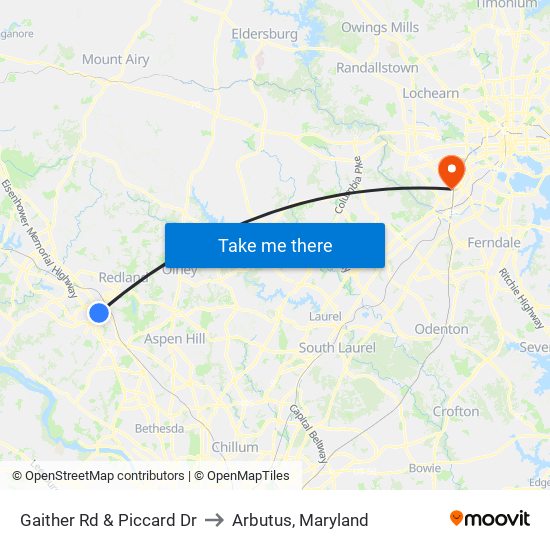 Gaither Rd & Piccard Dr to Arbutus, Maryland map