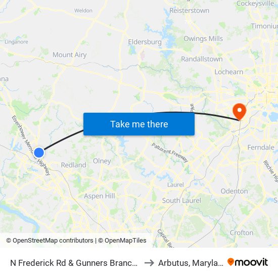 N Frederick Rd & Gunners Branch Rd to Arbutus, Maryland map