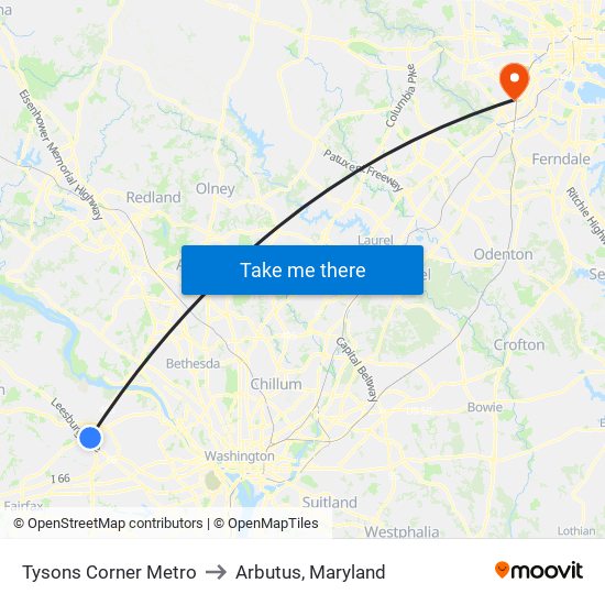 Tysons Corner Metro to Arbutus, Maryland map