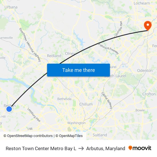 Reston Town Center Metro Bay L to Arbutus, Maryland map