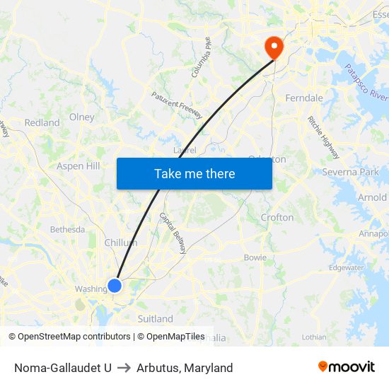 Noma-Gallaudet U to Arbutus, Maryland map