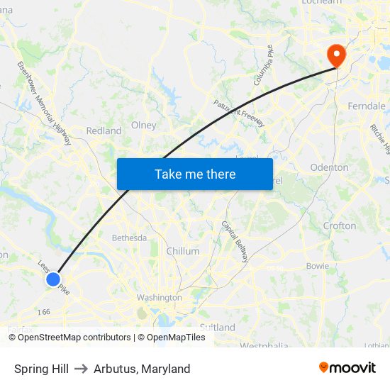 Spring Hill to Arbutus, Maryland map