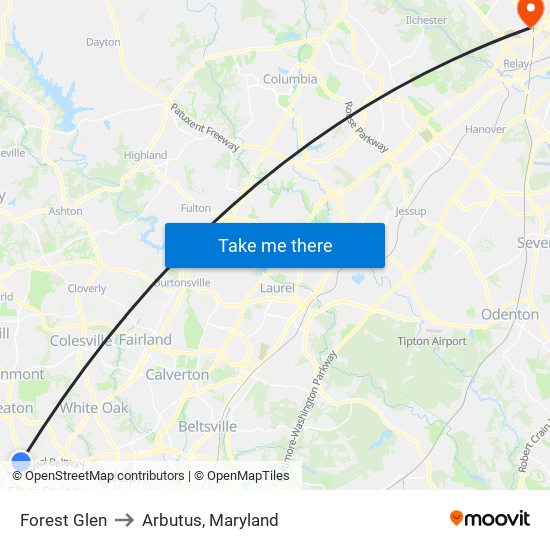 Forest Glen to Arbutus, Maryland map