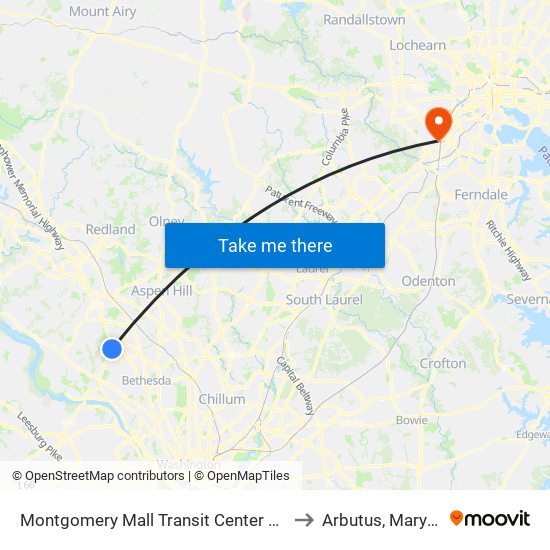 Montgomery Mall Transit Center & Bay E to Arbutus, Maryland map