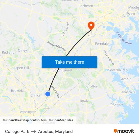 College Park to Arbutus, Maryland map