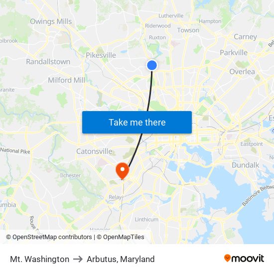 Mt. Washington to Arbutus, Maryland map
