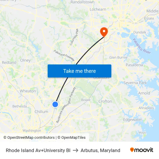 Rhode Island Av+University Bl to Arbutus, Maryland map