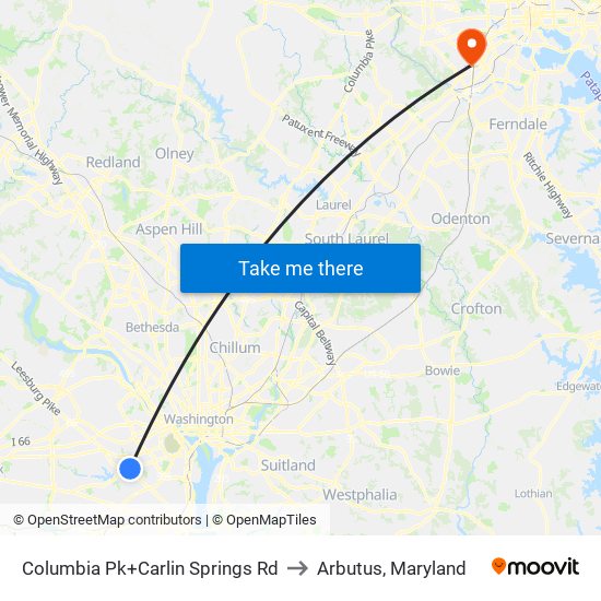 Columbia Pk+Carlin Springs Rd to Arbutus, Maryland map