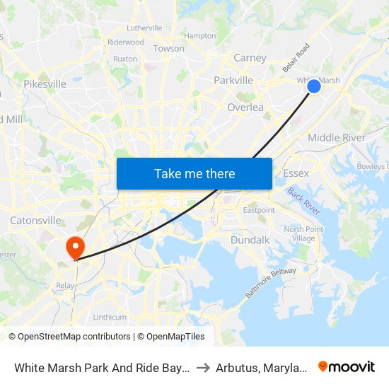 White Marsh Park And Ride Bay 1 to Arbutus, Maryland map