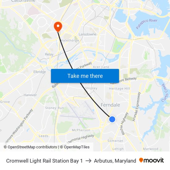 Cromwell Light Rail Station Bay 1 to Arbutus, Maryland map