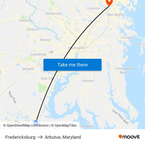 Fredericksburg to Arbutus, Maryland map