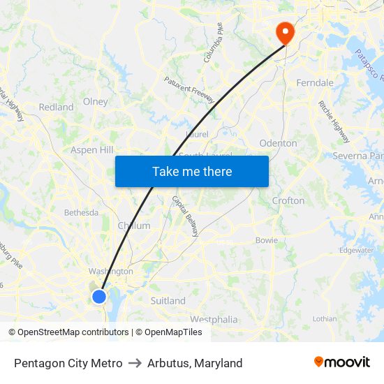Pentagon City Metro to Arbutus, Maryland map