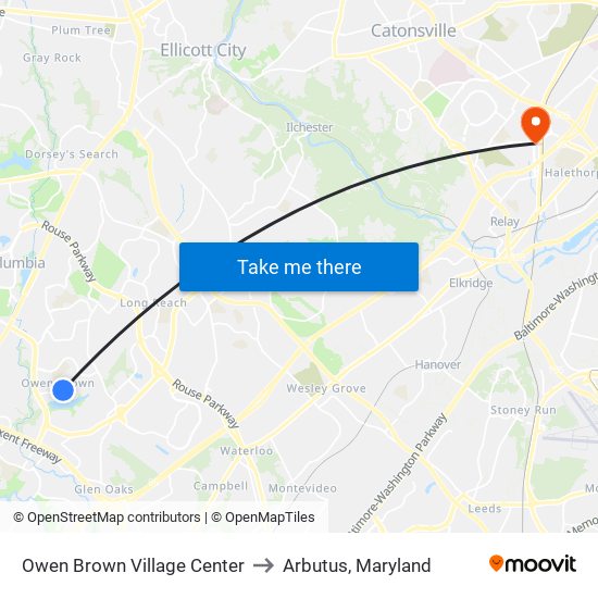 Owen Brown Village Center to Arbutus, Maryland map