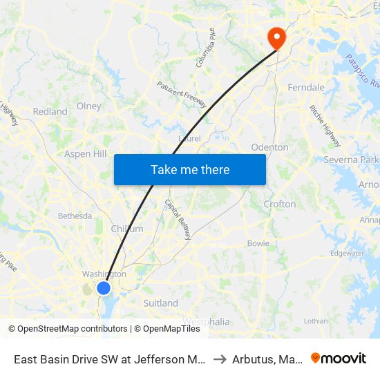 East Basin Drive SW at Jefferson Memorial (Wb) to Arbutus, Maryland map