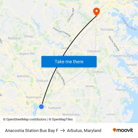 Anacostia Station Bus Bay F to Arbutus, Maryland map