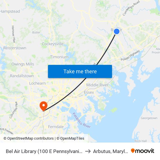 Bel Air Library (100 E Pennsylvania Ave) to Arbutus, Maryland map