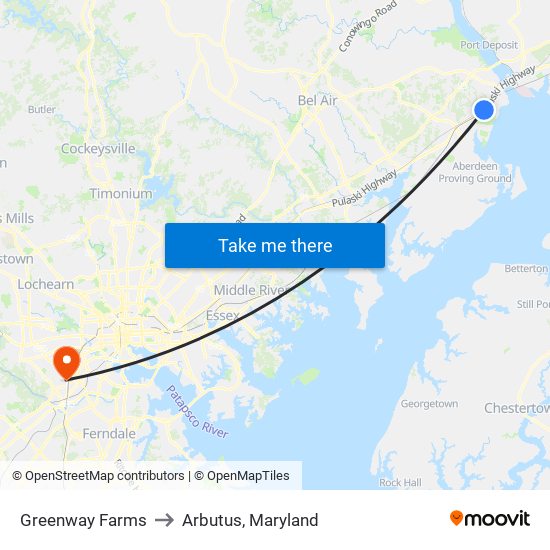 Greenway Farms to Arbutus, Maryland map