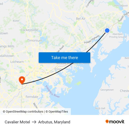 Cavalier Motel to Arbutus, Maryland map