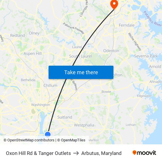 Oxon Hill Rd & Tanger Outlets to Arbutus, Maryland map