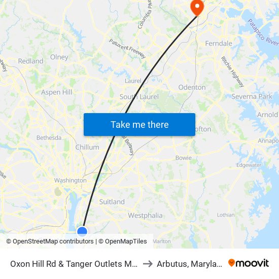 Oxon Hill Rd & Tanger Outlets Main to Arbutus, Maryland map