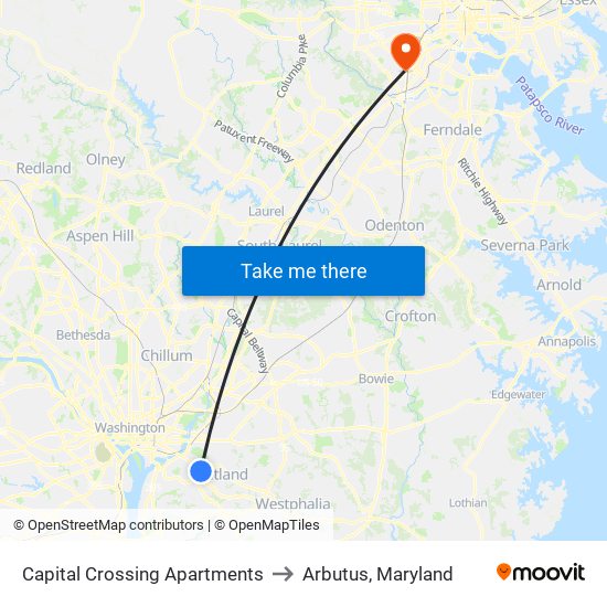 Capital Crossing Apartments to Arbutus, Maryland map