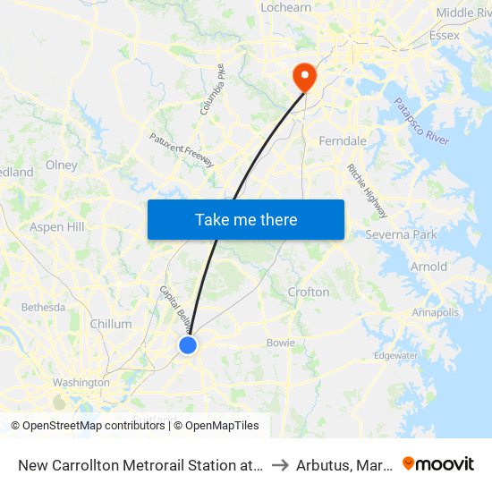 New Carrollton Metrorail Station at Bus Bay F to Arbutus, Maryland map