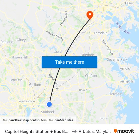 Capitol Heights Station + Bus Bay B to Arbutus, Maryland map