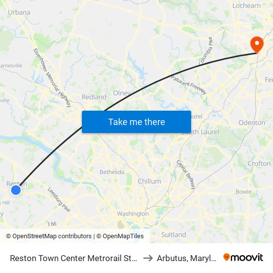 Reston Town Center Metrorail Station to Arbutus, Maryland map