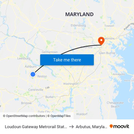 Loudoun Gateway Metrorail Station to Arbutus, Maryland map