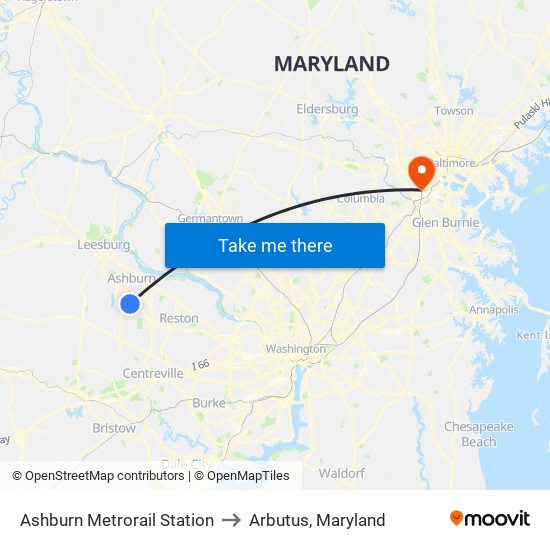 Ashburn Metrorail Station to Arbutus, Maryland map